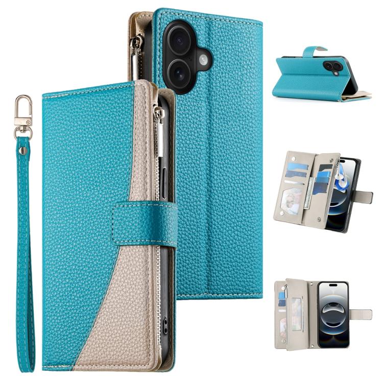 Stitching Multi-card Zipper Wallet Leather Phone Case with Short Strap, For iPhone 16, For iPhone 15 Pro Max, For iPhone 15 Pro, For iPhone 15 Plus