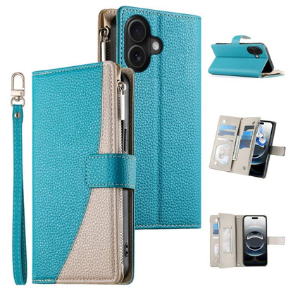 Stitching Multi-card Zipper Wallet Leather Phone Case with Short Strap, For iPhone 16, For iPhone 15 Pro Max, For iPhone 15 Pro, For iPhone 15 Plus