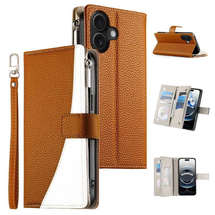 Stitching Multi-card Zipper Wallet Leather Phone Case with Short Strap, For iPhone 16, For iPhone 15 Pro Max, For iPhone 15 Pro, For iPhone 15 Plus