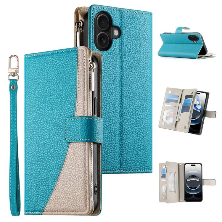 Stitching Multi-card Zipper Wallet Leather Phone Case with Short Strap, For iPhone 16e, For iPhone 16 Pro Max, For iPhone 16 Pro, For iPhone 16 Plus