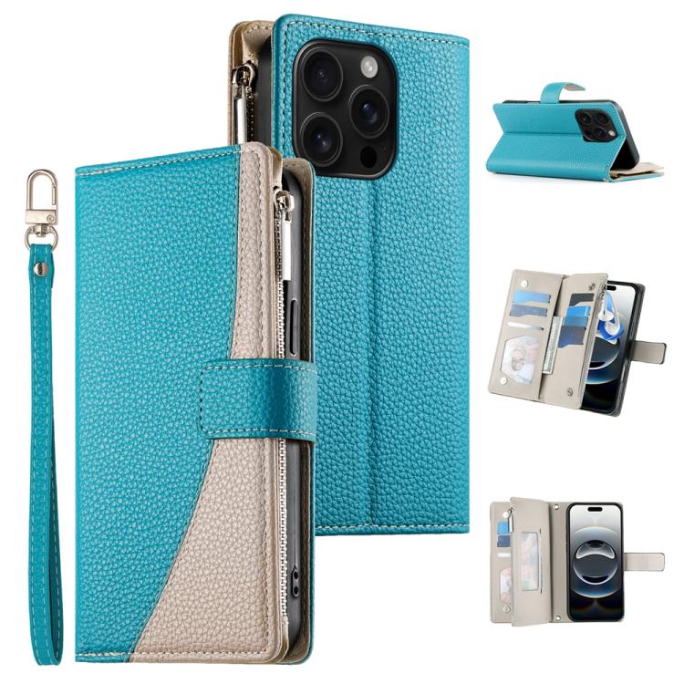 Stitching Multi-card Zipper Wallet Leather Phone Case with Short Strap, For iPhone Air, For iPhone 16 Pro Max, For iPhone 16 Pro, For iPhone 16 Plus
