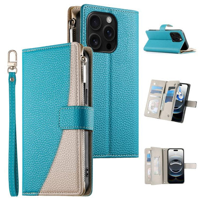 Stitching Multi-card Zipper Wallet Leather Phone Case with Short Strap, For iPhone Air, For iPhone 16 Pro Max, For iPhone 16 Pro, For iPhone 16 Plus