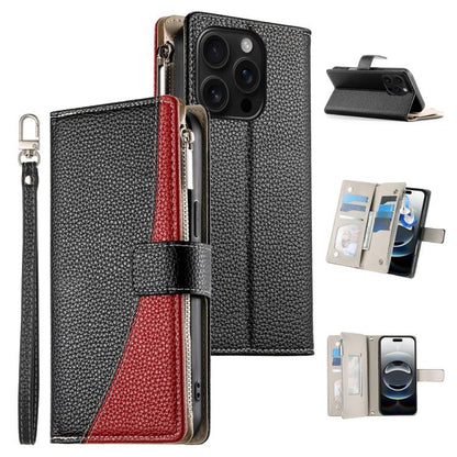 Stitching Multi-card Zipper Wallet Leather Phone Case with Short Strap, For iPhone 16e, For iPhone 16 Pro Max, For iPhone 16 Pro, For iPhone 16 Plus