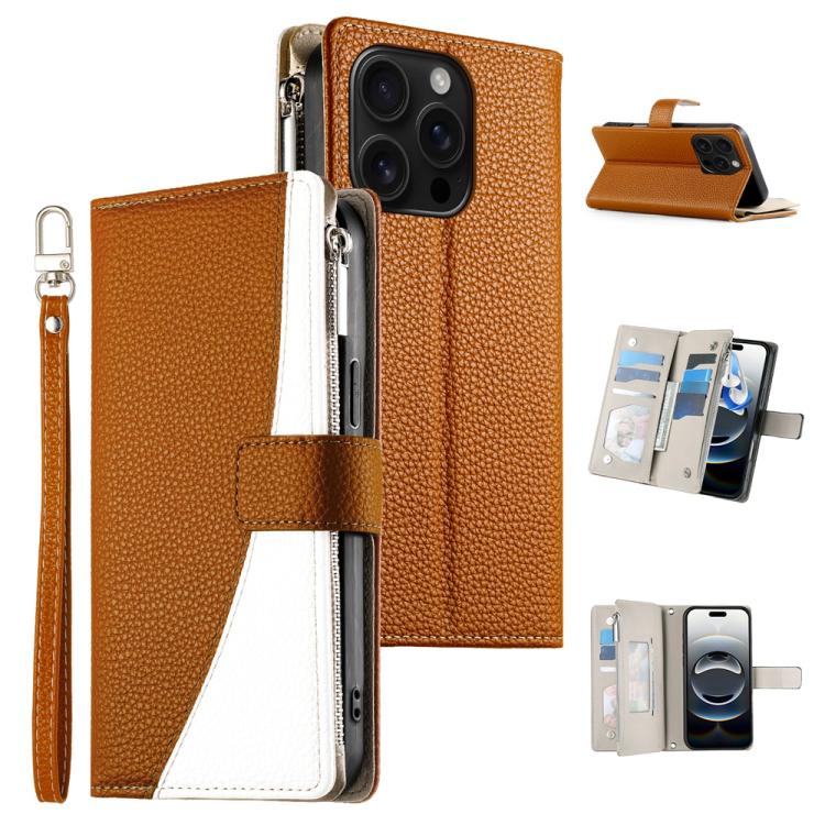 Stitching Multi-card Zipper Wallet Leather Phone Case with Short Strap, For iPhone Air, For iPhone 16 Pro Max, For iPhone 16 Pro, For iPhone 16 Plus