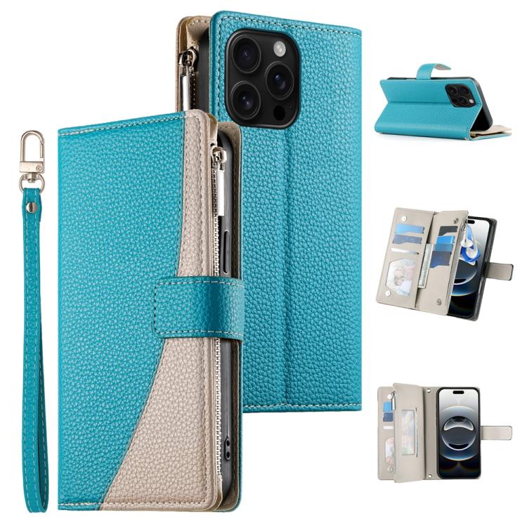 Stitching Multi-card Zipper Wallet Leather Phone Case with Short Strap, For iPhone Air, For iPhone 16 Pro Max, For iPhone 16 Pro, For iPhone 16 Plus