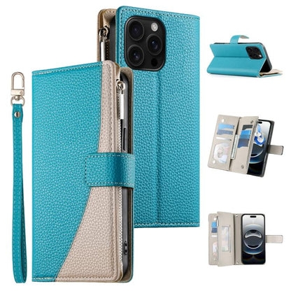 Stitching Multi-card Zipper Wallet Leather Phone Case with Short Strap, For iPhone Air, For iPhone 16 Pro Max, For iPhone 16 Pro, For iPhone 16 Plus