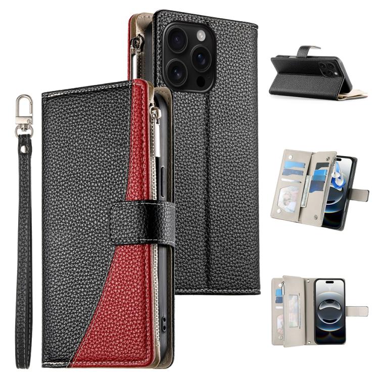 Stitching Multi-card Zipper Wallet Leather Phone Case with Short Strap, For iPhone Air, For iPhone 16 Pro Max, For iPhone 16 Pro, For iPhone 16 Plus