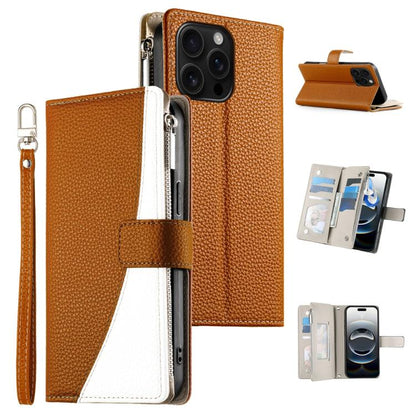 Stitching Multi-card Zipper Wallet Leather Phone Case with Short Strap, For iPhone Air, For iPhone 16 Pro Max, For iPhone 16 Pro, For iPhone 16 Plus