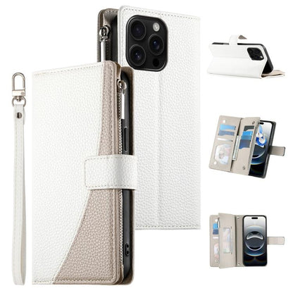 Stitching Multi-card Zipper Wallet Leather Phone Case with Short Strap, For iPhone Air, For iPhone 16 Pro Max, For iPhone 16 Pro, For iPhone 16 Plus