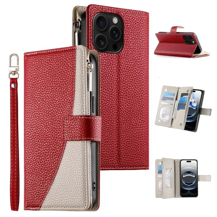 Stitching Multi-card Zipper Wallet Leather Phone Case with Short Strap, For iPhone Air, For iPhone 16 Pro Max, For iPhone 16 Pro, For iPhone 16 Plus