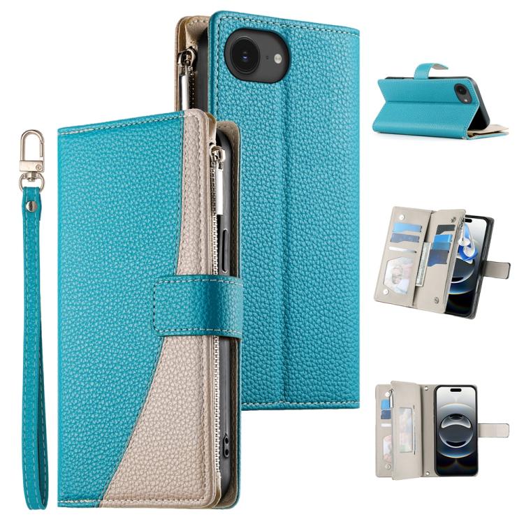 Stitching Multi-card Zipper Wallet Leather Phone Case with Short Strap, For iPhone 16e, For iPhone 16 Pro Max, For iPhone 16 Pro, For iPhone 16 Plus