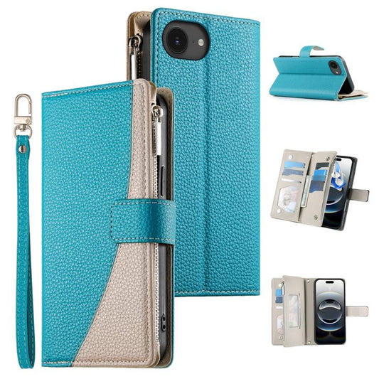 Stitching Multi-card Zipper Wallet Leather Phone Case with Short Strap, For iPhone 16e, For iPhone 16 Pro Max, For iPhone 16 Pro, For iPhone 16 Plus