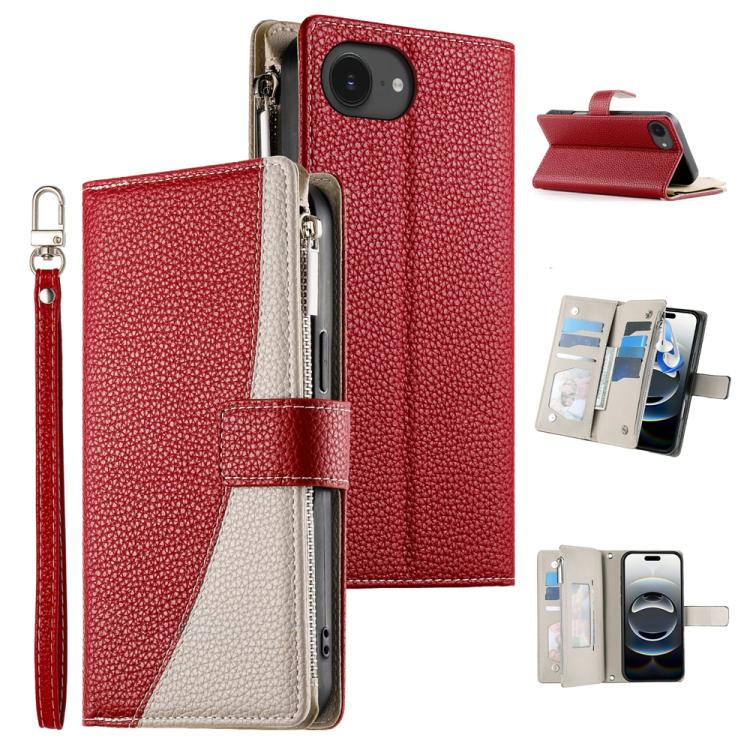 Stitching Multi-card Zipper Wallet Leather Phone Case with Short Strap, For iPhone 16e, For iPhone 16 Pro Max, For iPhone 16 Pro, For iPhone 16 Plus