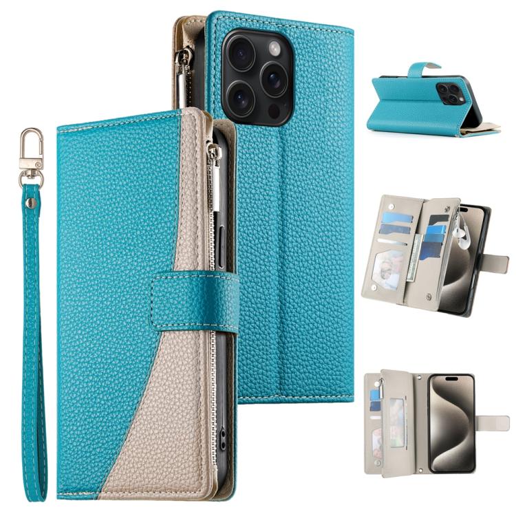 Stitching Multi-card Zipper Wallet Leather Phone Case with Short Strap, For iPhone 16, For iPhone 15 Pro Max, For iPhone 15 Pro, For iPhone 15 Plus
