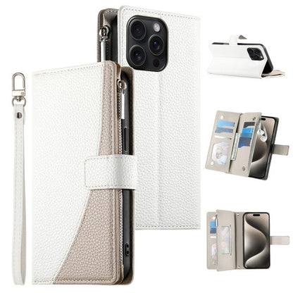 Stitching Multi-card Zipper Wallet Leather Phone Case with Short Strap, For iPhone 16, For iPhone 15 Pro Max, For iPhone 15 Pro, For iPhone 15 Plus