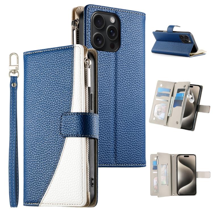Stitching Multi-card Zipper Wallet Leather Phone Case with Short Strap, For iPhone 16, For iPhone 15 Pro Max, For iPhone 15 Pro, For iPhone 15 Plus