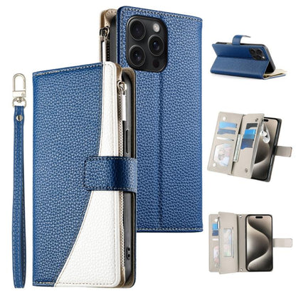 Stitching Multi-card Zipper Wallet Leather Phone Case with Short Strap, For iPhone 16, For iPhone 15 Pro Max, For iPhone 15 Pro, For iPhone 15 Plus