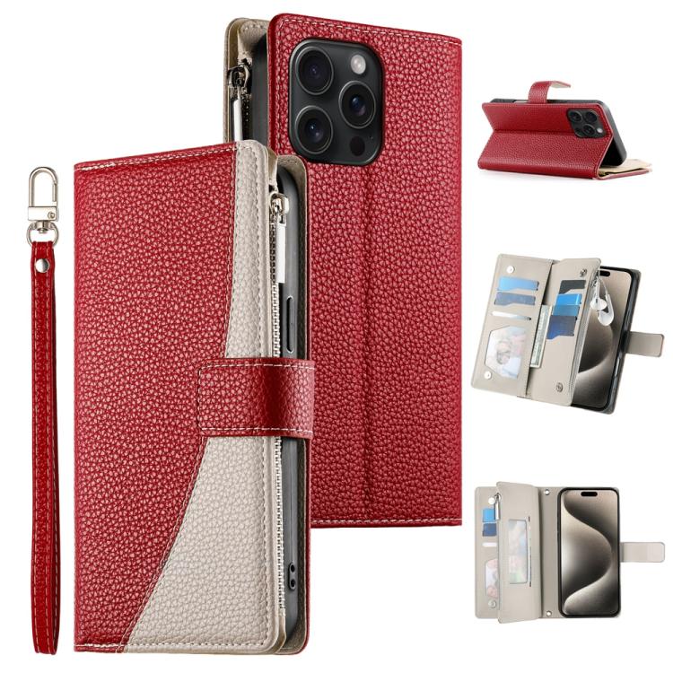 Stitching Multi-card Zipper Wallet Leather Phone Case with Short Strap, For iPhone 16, For iPhone 15 Pro Max, For iPhone 15 Pro, For iPhone 15 Plus