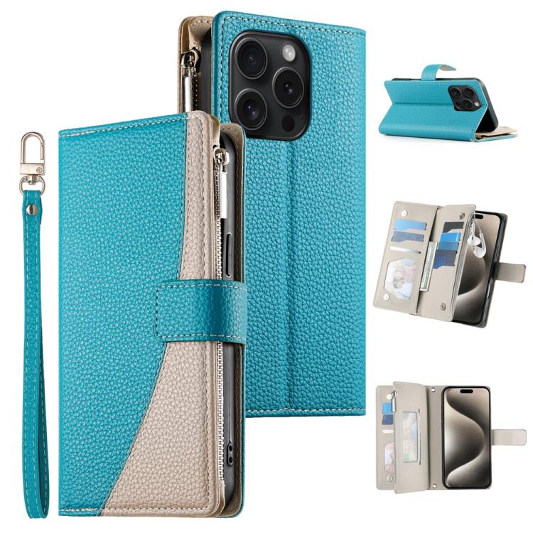 Stitching Multi-card Zipper Wallet Leather Phone Case with Short Strap, For iPhone 16, For iPhone 15 Pro Max, For iPhone 15 Pro, For iPhone 15 Plus