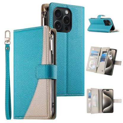 Stitching Multi-card Zipper Wallet Leather Phone Case with Short Strap, For iPhone 16, For iPhone 15 Pro Max, For iPhone 15 Pro, For iPhone 15 Plus