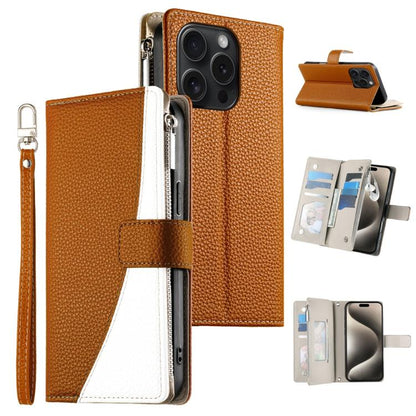 Stitching Multi-card Zipper Wallet Leather Phone Case with Short Strap, For iPhone 16, For iPhone 15 Pro Max, For iPhone 15 Pro, For iPhone 15 Plus
