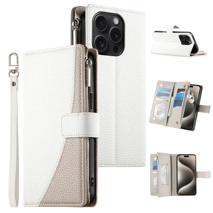 Stitching Multi-card Zipper Wallet Leather Phone Case with Short Strap, For iPhone 16, For iPhone 15 Pro Max, For iPhone 15 Pro, For iPhone 15 Plus