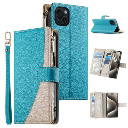 Stitching Multi-card Zipper Wallet Leather Phone Case with Short Strap, For iPhone 16, For iPhone 15 Pro Max, For iPhone 15 Pro, For iPhone 15 Plus