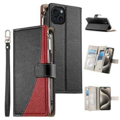 Stitching Multi-card Zipper Wallet Leather Phone Case with Short Strap, For iPhone 16, For iPhone 15 Pro Max, For iPhone 15 Pro, For iPhone 15 Plus
