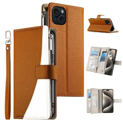 Stitching Multi-card Zipper Wallet Leather Phone Case with Short Strap, For iPhone 16, For iPhone 15 Pro Max, For iPhone 15 Pro, For iPhone 15 Plus