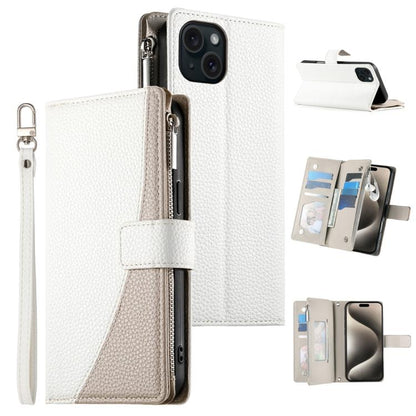 Stitching Multi-card Zipper Wallet Leather Phone Case with Short Strap, For iPhone 16, For iPhone 15 Pro Max, For iPhone 15 Pro, For iPhone 15 Plus