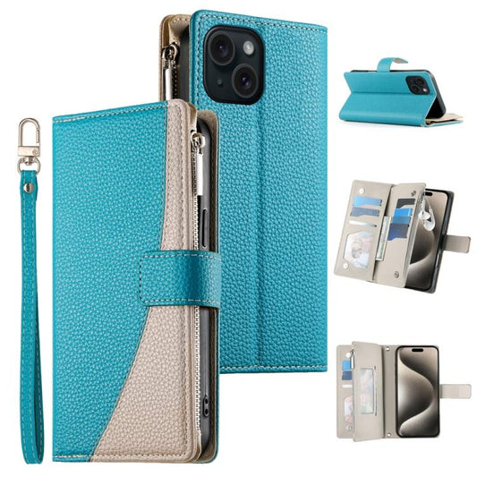 Stitching Multi-card Zipper Wallet Leather Phone Case with Short Strap, For iPhone 15, For iPhone 14 Plus, For iPhone 14 / 13, For iPhone 14 Pro