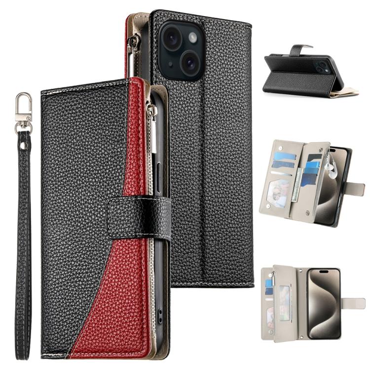 Stitching Multi-card Zipper Wallet Leather Phone Case with Short Strap, For iPhone 15, For iPhone 14 Plus, For iPhone 14 / 13, For iPhone 14 Pro