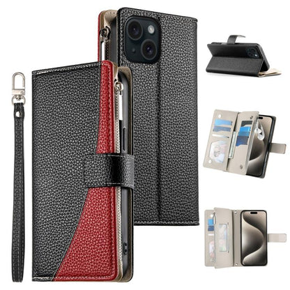 Stitching Multi-card Zipper Wallet Leather Phone Case with Short Strap, For iPhone 15, For iPhone 14 Plus, For iPhone 14 / 13, For iPhone 14 Pro