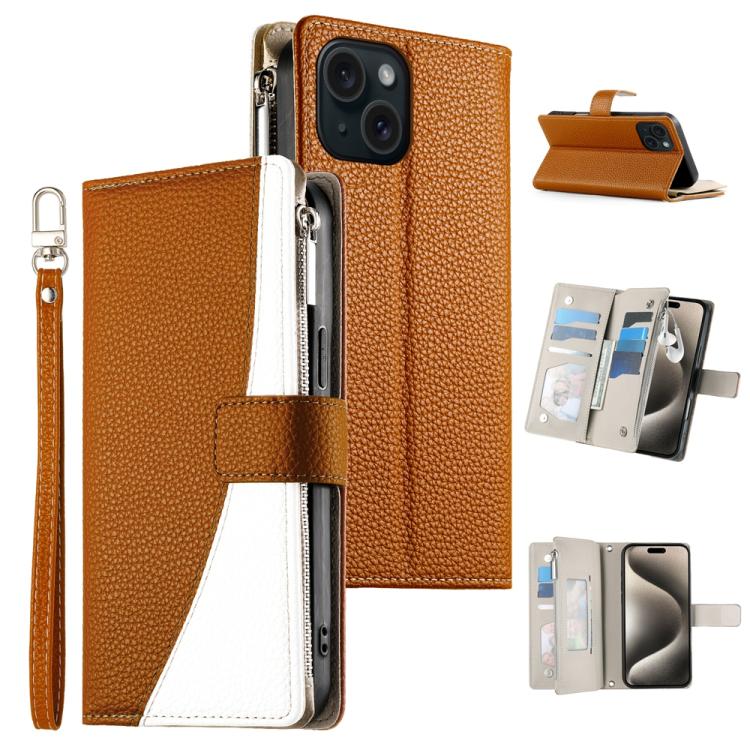 Stitching Multi-card Zipper Wallet Leather Phone Case with Short Strap, For iPhone 15, For iPhone 14 Plus, For iPhone 14 / 13, For iPhone 14 Pro