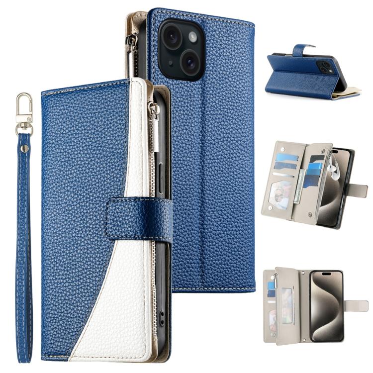 Stitching Multi-card Zipper Wallet Leather Phone Case with Short Strap, For iPhone 15, For iPhone 14 Plus, For iPhone 14 / 13, For iPhone 14 Pro