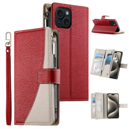 Stitching Multi-card Zipper Wallet Leather Phone Case with Short Strap, For iPhone 15, For iPhone 14 Plus, For iPhone 14 / 13, For iPhone 14 Pro