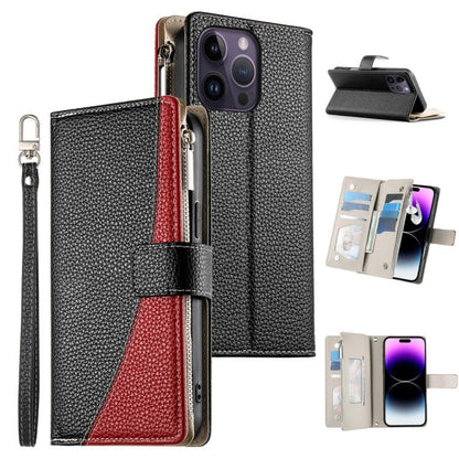 Stitching Multi-card Zipper Wallet Leather Phone Case with Short Strap, For iPhone 14 Pro Max, For iPhone SE 2022 / SE 2020 / 8 / 7, For iPhone 13 Pro Max, For iPhone 13 Pro