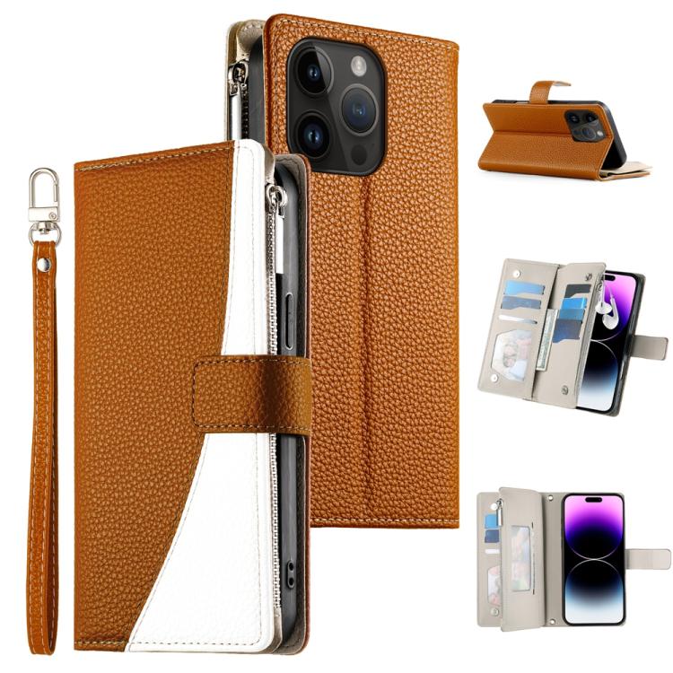 Stitching Multi-card Zipper Wallet Leather Phone Case with Short Strap, For iPhone 15, For iPhone 14 Plus, For iPhone 14 / 13, For iPhone 14 Pro