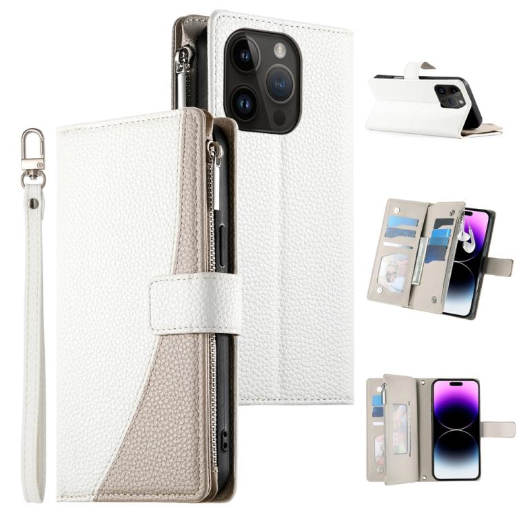 Stitching Multi-card Zipper Wallet Leather Phone Case with Short Strap, For iPhone 15, For iPhone 14 Plus, For iPhone 14 / 13, For iPhone 14 Pro