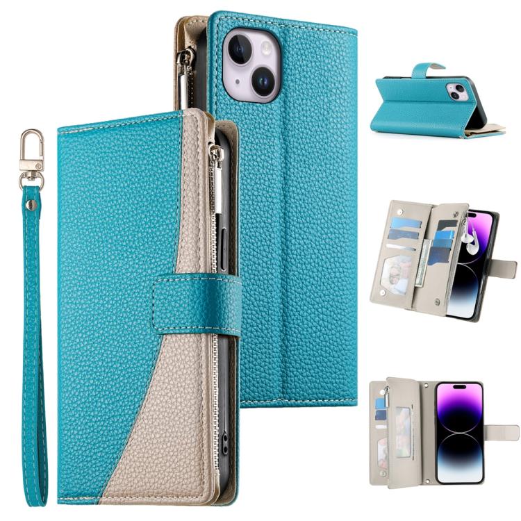 Stitching Multi-card Zipper Wallet Leather Phone Case with Short Strap, For iPhone 15, For iPhone 14 Plus, For iPhone 14 / 13, For iPhone 14 Pro