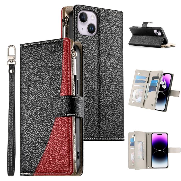 Stitching Multi-card Zipper Wallet Leather Phone Case with Short Strap, For iPhone 15, For iPhone 14 Plus, For iPhone 14 / 13, For iPhone 14 Pro