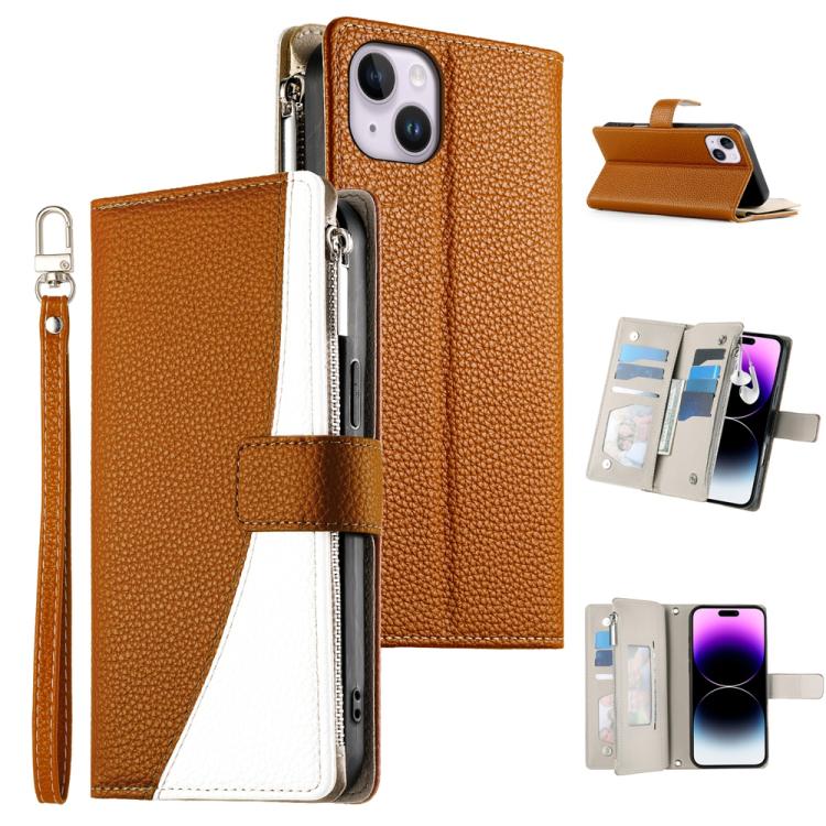 Stitching Multi-card Zipper Wallet Leather Phone Case with Short Strap, For iPhone 15, For iPhone 14 Plus, For iPhone 14 / 13, For iPhone 14 Pro