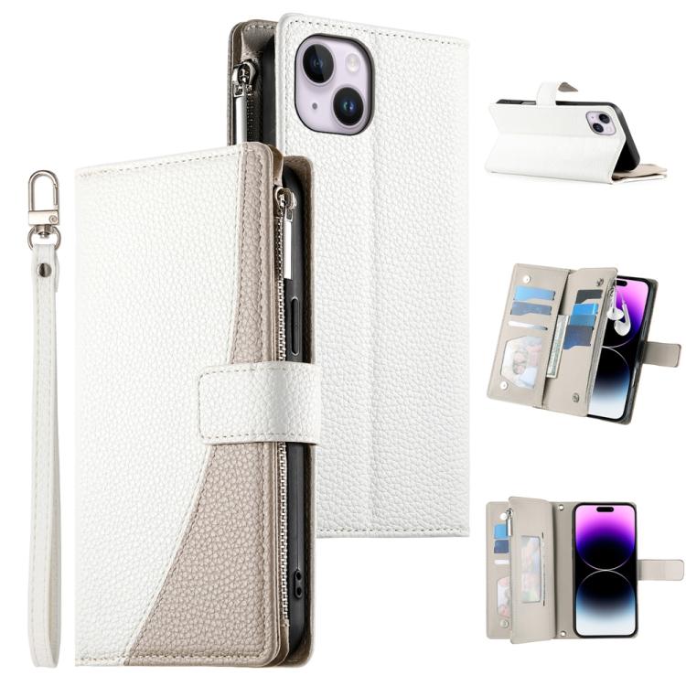 Stitching Multi-card Zipper Wallet Leather Phone Case with Short Strap, For iPhone 15, For iPhone 14 Plus, For iPhone 14 / 13, For iPhone 14 Pro