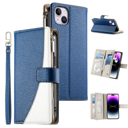 Stitching Multi-card Zipper Wallet Leather Phone Case with Short Strap, For iPhone 15, For iPhone 14 Plus, For iPhone 14 / 13, For iPhone 14 Pro