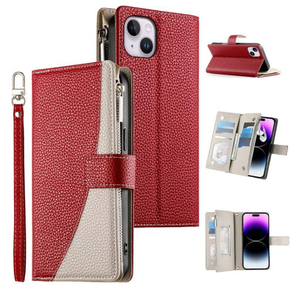 Stitching Multi-card Zipper Wallet Leather Phone Case with Short Strap, For iPhone 15, For iPhone 14 Plus, For iPhone 14 / 13, For iPhone 14 Pro