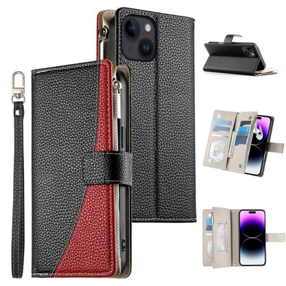 Stitching Multi-card Zipper Wallet Leather Phone Case with Short Strap, For iPhone 15, For iPhone 14 Plus, For iPhone 14 / 13, For iPhone 14 Pro