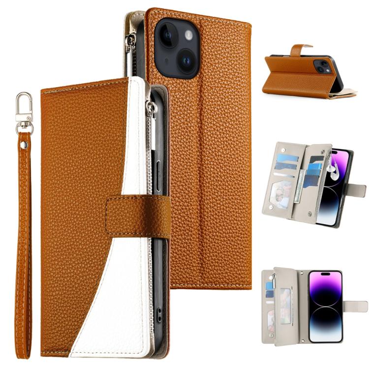 Stitching Multi-card Zipper Wallet Leather Phone Case with Short Strap, For iPhone 15, For iPhone 14 Plus, For iPhone 14 / 13, For iPhone 14 Pro