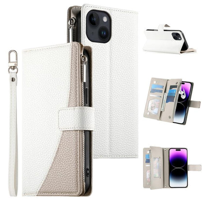 Stitching Multi-card Zipper Wallet Leather Phone Case with Short Strap, For iPhone 15, For iPhone 14 Plus, For iPhone 14 / 13, For iPhone 14 Pro