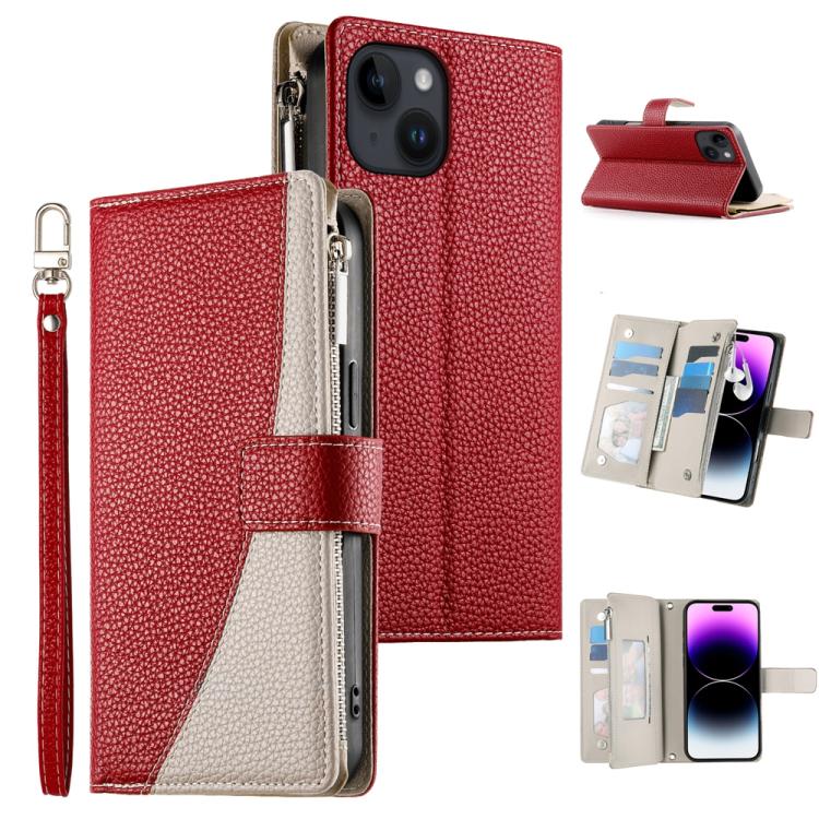 Stitching Multi-card Zipper Wallet Leather Phone Case with Short Strap, For iPhone 15, For iPhone 14 Plus, For iPhone 14 / 13, For iPhone 14 Pro
