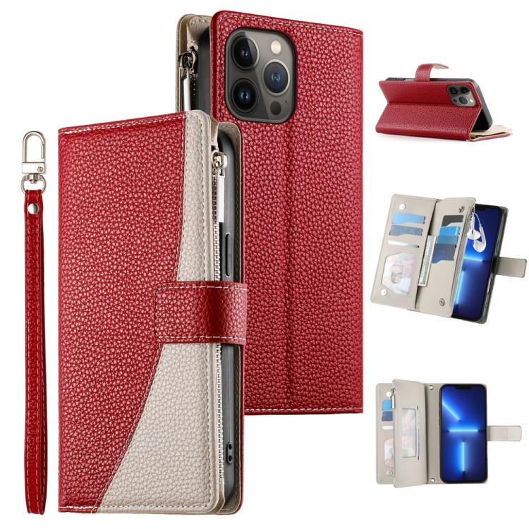 Stitching Multi-card Zipper Wallet Leather Phone Case with Short Strap, For iPhone 14 Pro Max, For iPhone SE 2022 / SE 2020 / 8 / 7, For iPhone 13 Pro Max, For iPhone 13 Pro